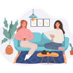 Illustration of two young women chatting over tea