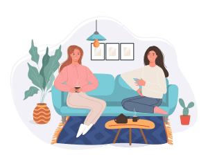 Illustration of two young women chatting over tea